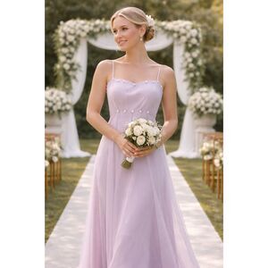 Lilac Bridesmaid Dress Maxi  Overlay Floral Rosette Empire Waist Size L NWT prom